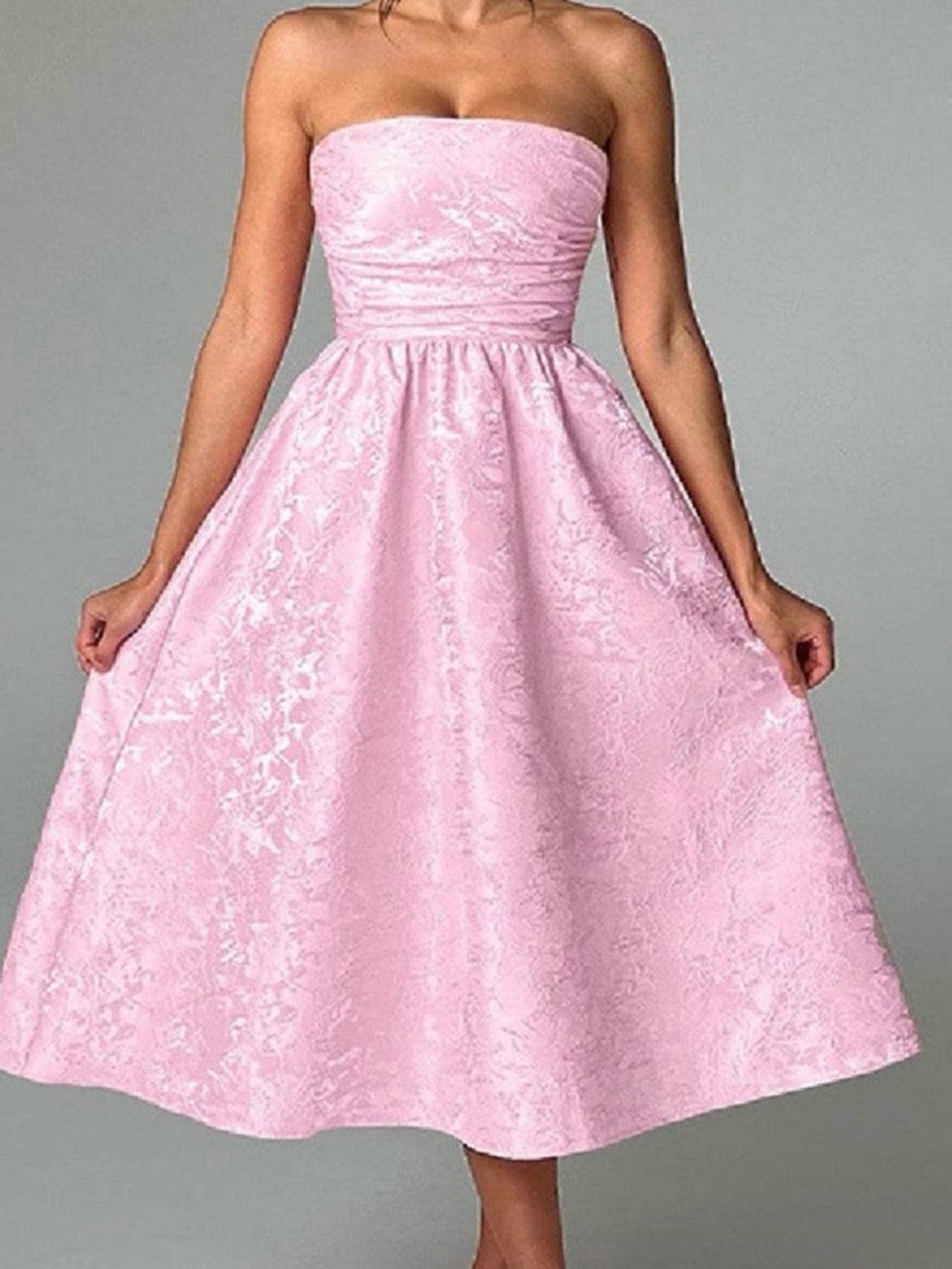 Strapless Pink Jacquard Midi Dress